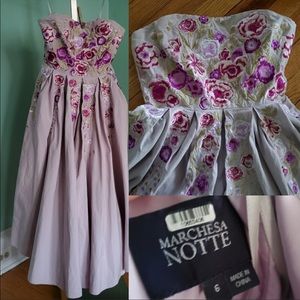 Marchesa Notte Midi Floral Embroidered Lilac Dress